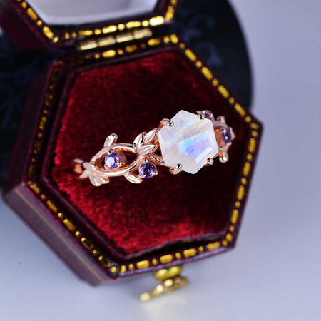 3 Carat Hexagon Genuine Natural Moonstone Floral 14K Rose Gold Engagement Ring