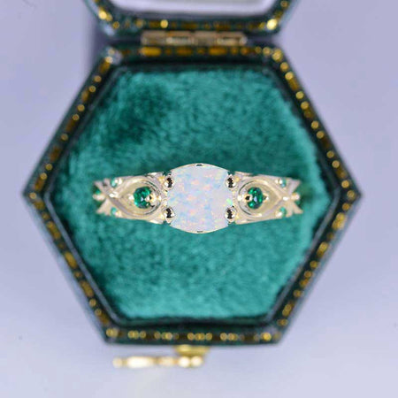 14K Yellow Gold Cushion Emerald Genuine White Opal Celtic Engagement Ring