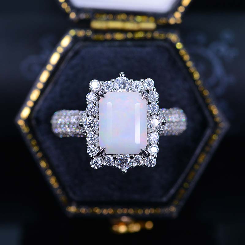 3Ct White Opal Engagement Ring Halo Emerald Cut Opal Engagement Ring, 9x7mm Step Cut White Opal Halo  Engagement Ring 3Ct White Opal Engagement Ring Halo Emerald Cut Opal Engagement Ring, 9x7mm Step Cut White Opal Halo  Engagement Ring