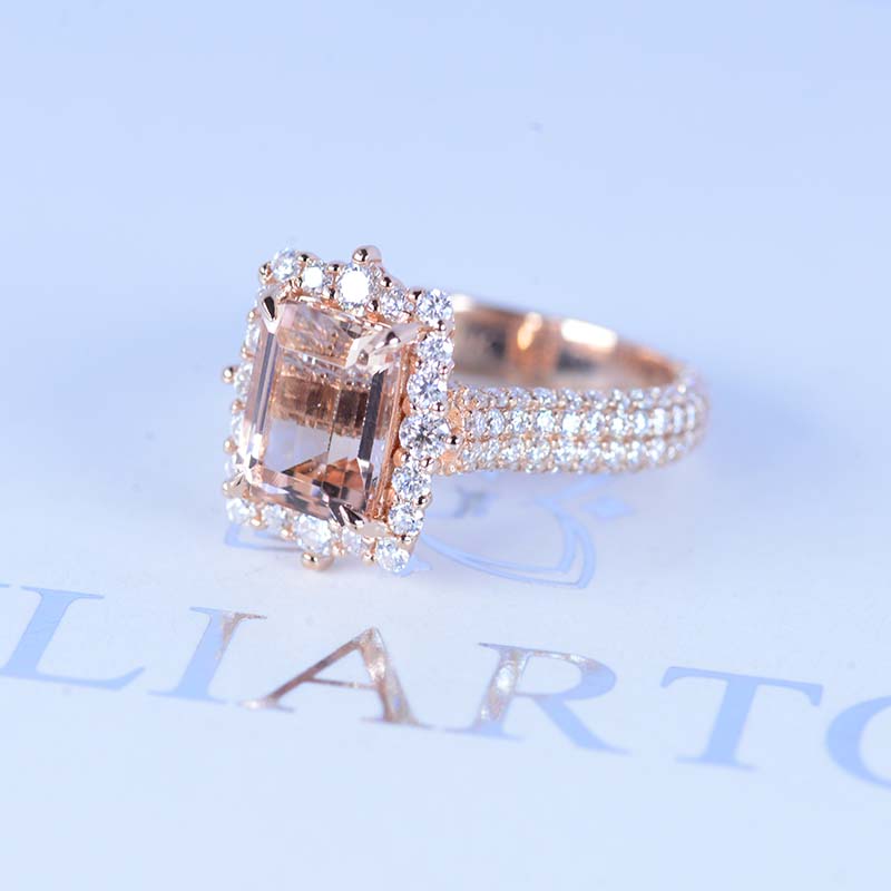 3Ct Natural Morganite Engagement Ring. Halo Emerald Cut Genuine Morganite 14K Rose Gold  Engagement Ring, 9x7mm Step Cut Morganite Engagement Ring 3Ct Natural Morganite Engagement Ring. Halo Emerald Cut Genuine Morganite 14K Rose Gold  Engagement Ring, 9x7mm Step Cut Morganite Engagement Ring