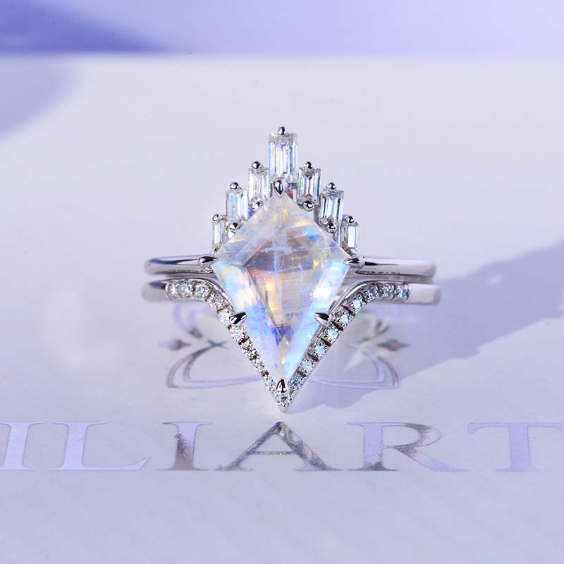 14K Gold 5 Carat Kite Moonstone Halo Engagement Ring, Eternity Ring Set 14K Gold 5 Carat Kite Moonstone Halo Engagement Ring, Eternity Ring Set