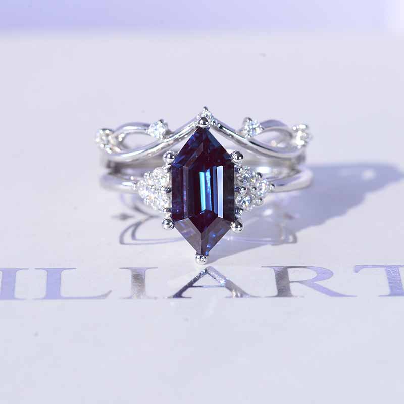 14K White Gold 3 Carat Hexagon Alexandrite Halo Engagement Ring, Eternity Ring Set 14K White Gold 3 Carat Hexagon Alexandrite Halo Engagement Ring, Eternity Ring Set