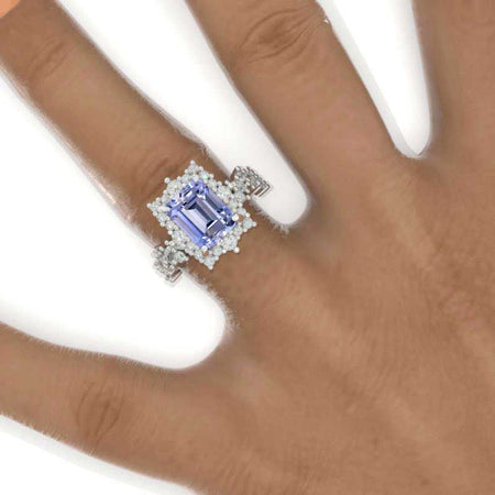 4 Carat Vintage Style 10x8mm Emerald Cut Purple Sapphire White Gold Floral Shank Fairy Tail Halo Engagement Ring