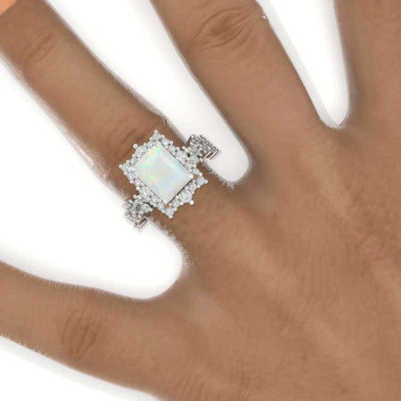 3 Carat Vintage Style 9x7mm Emerald Cut Halo Genuine White Opal Rose Gold Floral Shank Engagement Ring