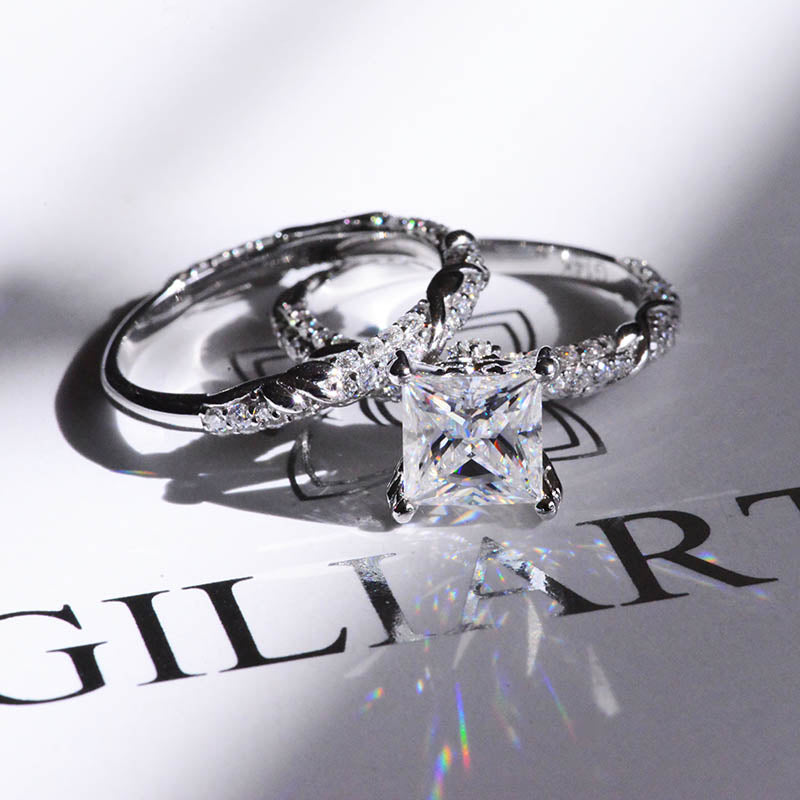 2 Carat Princess Cut Giliarto Moissanite Diamond White Gold Floral Engagement Ring Set 2 Carat Princess Cut Giliarto Moissanite Diamond White Gold Floral Engagement Ring Set