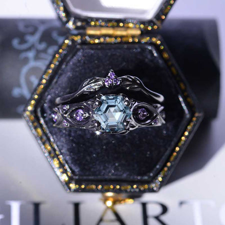 14K Black Gold Hexagon Genuine Natural Aquamarine Celtic Amethyst Engagement Ring Set