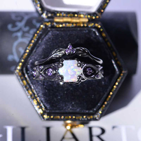14K Black Gold Hexagon Black Genuine White Opal Celtic Amethyst  Engagement Ring Set