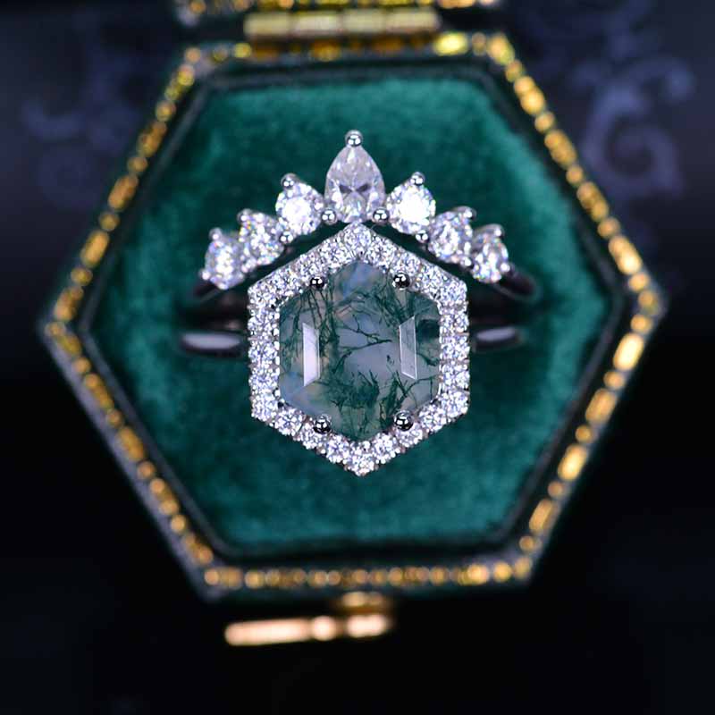 4 Carat Hexagon Genuine Moss Agate Halo 14K White Gold Engagement Ring, Eternity Ring Set 4 Carat Hexagon Genuine Moss Agate Halo 14K White Gold Engagement Ring, Eternity Ring Set
