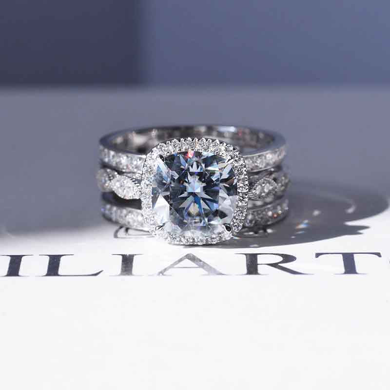 3 Carat Gray Moissanite Cushion Halo Engagement Diamond 14K White Gold Three Ring Eternity Ring Set 3 Carat Gray Moissanite Cushion Halo Engagement Diamond 14K White Gold Three Ring Eternity Ring Set