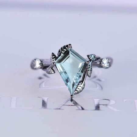 4 Carat Kite Natural Aquamarine Twig Floral Leaf 14K Black Gold Engagement Ring