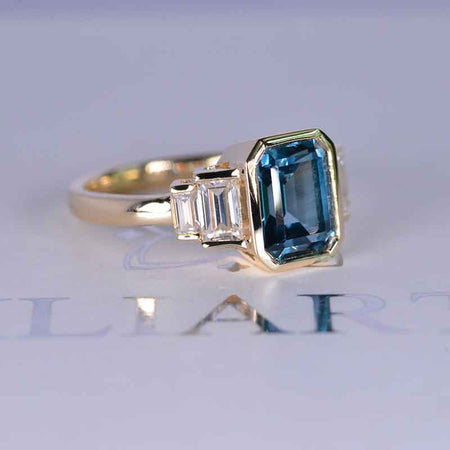 3 Carat Teal Sapphire Emerald Cut Bezel Set Teal Sapphire Five-Stone  14K Yellow Engagement Ring