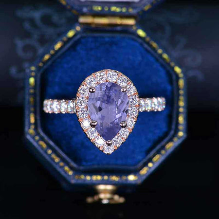 Purple Sapphire Pear Cut Halo Purple Sapphire Ring 14K Rose Gold Halo Ring