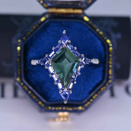 2.5 Carat Kite Teal Sapphire Halo Sapphire  Engagement Ring. 2.5CT Fancy Shape Teal Sapphire Ring