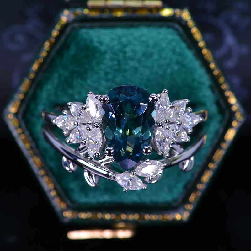 3CT Pear Shape Teal Sapphire Engagement Ring Set, 3 Carat Pear Floral Twig Design 14K White Gold, 3CT Pear Shape Teal Sapphire Engagement Ring Set, 3 Carat Pear Floral Twig Design 14K White Gold,