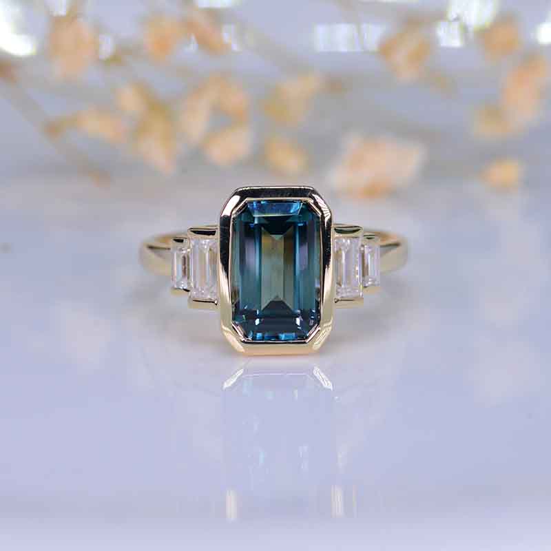 5 Carat Teal Sapphire Emerald Cut Bezel Set Teal Sapphire Five-Stone  Engagement Ring 5 Carat Teal Sapphire Emerald Cut Bezel Set Teal Sapphire Five-Stone  Engagement Ring