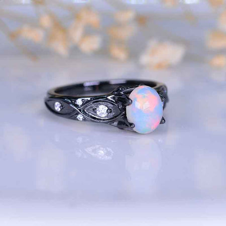 14K Black Gold Oval White Opal Celtic Engagement Ring
