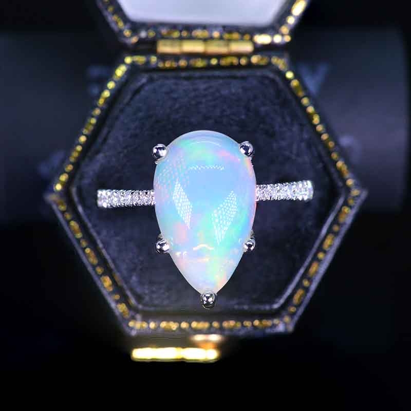 8 Carat Pear Genuine Natural White Opal 14K White Gold Engagement Ring 8 Carat Pear Genuine Natural White Opal 14K White Gold Engagement Ring