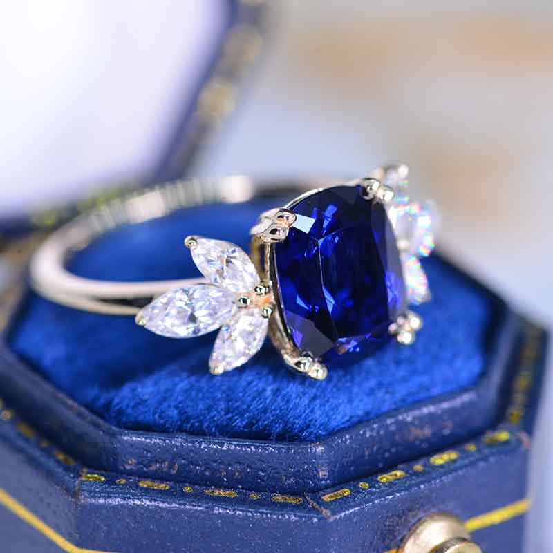 2Ct Cushion Cut Royal Blue Sapphire Vintage Engagement Ring, Cushion Sapphire Engagement Ring, Marquise Side Accents Stones 14K Rose Gold Ring 2Ct Cushion Cut Royal Blue Sapphire Vintage Engagement Ring, Cushion Sapphire Engagement Ring, Marquise Side Accents Stones 14K Rose Gold Ring