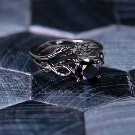 Black Moissanite Lattice Black Gold Celtic Engagement Ring Set
