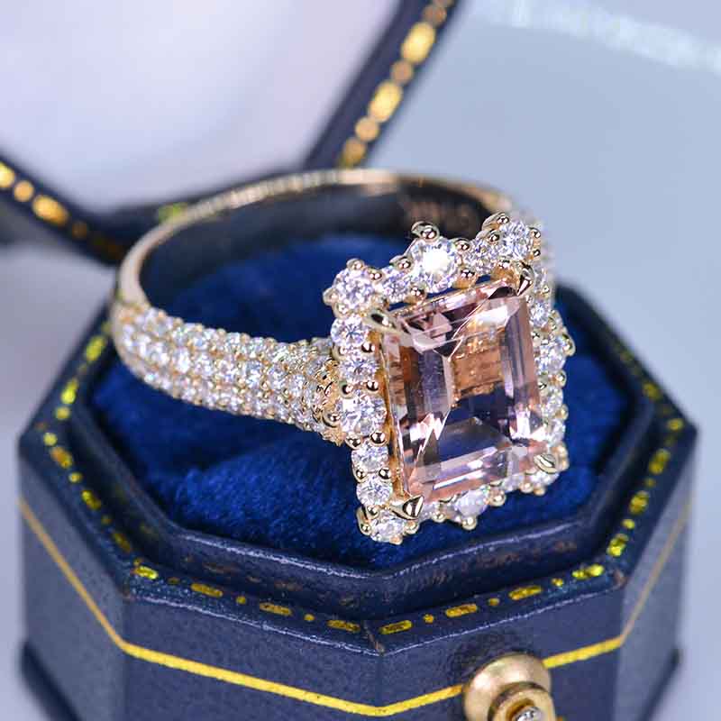 3Ct Natural Morganite Engagement Ring. Halo Emerald Cut Genuine Morganite 14K Rose Gold Engagement Ring 3Ct Natural Morganite Engagement Ring. Halo Emerald Cut Genuine Morganite 14K Rose Gold Engagement Ring