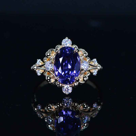 3 CT Oval Halo Purple Sapphire Vintage Wedding Ring. 14K White Gold Engagement Ring Anniversary Ring, Baguette Double Halo Ring