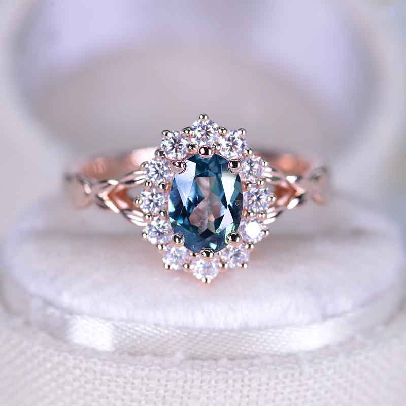 1 Carat Oval Cut Vintage Rose Teal Sapphire Ring, Rose Gold Floral Unique Oval Halo Ring 1 Carat Oval Cut Vintage Rose Teal Sapphire Ring, Rose Gold Floral Unique Oval Halo Ring