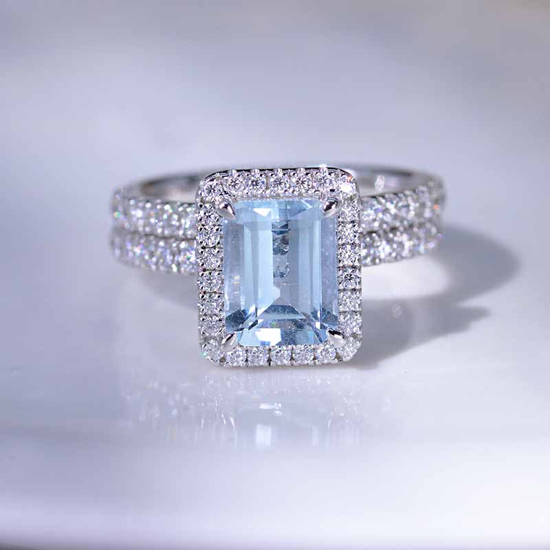 3Ct Aquamarine Engagement Ring Halo Emerald Step Cut Moissanite Engagement Ring, 9x7mm Emerald Cut Aquamarine Engagement Ring with Eternity Band 3Ct Aquamarine Engagement Ring Halo Emerald Step Cut Moissanite Engagement Ring, 9x7mm Emerald Cut Aquamarine Engagement Ring with Eternity Band