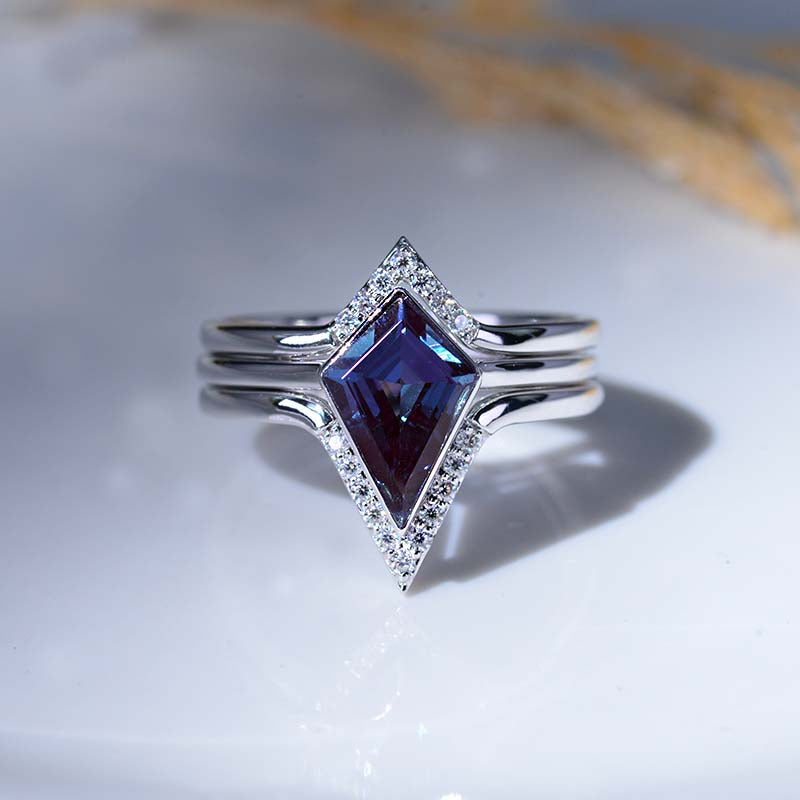 3 Carat Kite Vintage Kite Cut Alexandrite Halo Engagement Ring, Three Rings Set 3 Carat Kite Vintage Kite Cut Alexandrite Halo Engagement Ring, Three Rings Set