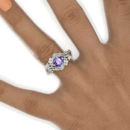 7mm Round Purple Sapphire Floral Style Engagement Ring