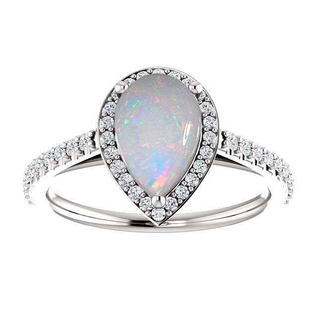 14K Gold 9x6 mm Forever One Pear Halo White Opal Engagement Ring 14K Gold 9x6 mm Forever One Pear Halo White Opal Engagement Ring