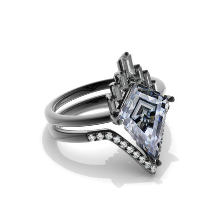 14K Black Gold 4 Carat Kite Gray Moissanite Halo Engagement Ring, Eternity Ring Set