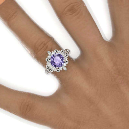 2 Carat Flowers Halo Vintage Style Purple Sapphire Engagement Ring 14K White Gold