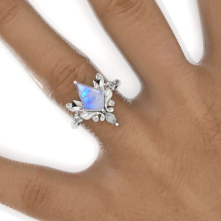 2.5 Carat Kite Genuine Natural Moonstone Floral Leaves 14K White Gold Engagement Ring