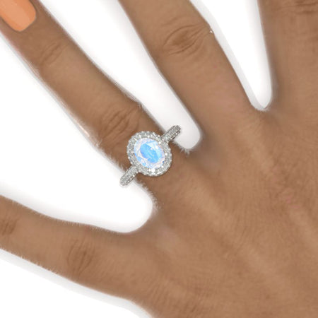 3 Carat Oval Cut Genuine Natural Moonstone Double Halo White Gold Engagement Ring