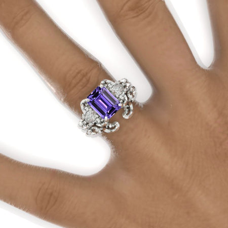 3 Carat Emerald Halo Purple Sapphire Twisted Shank White Gold Engagement Ring Set