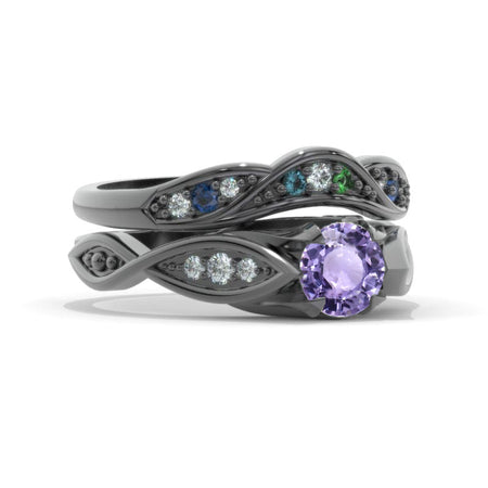 Custom Celtic Purple Sapphire Curved Wedding 14K Black Gold Ring
