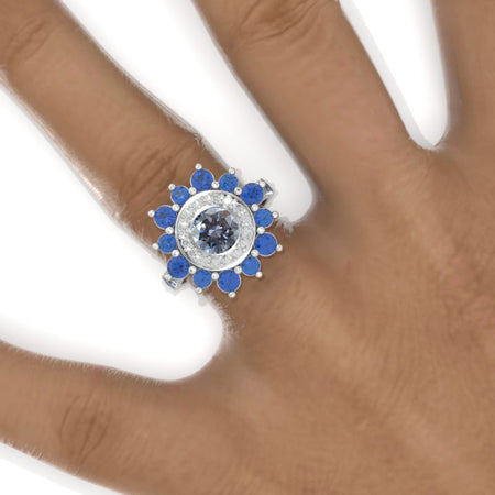 Sapphire Double Halo Gray Moissanite Cluster Ring
