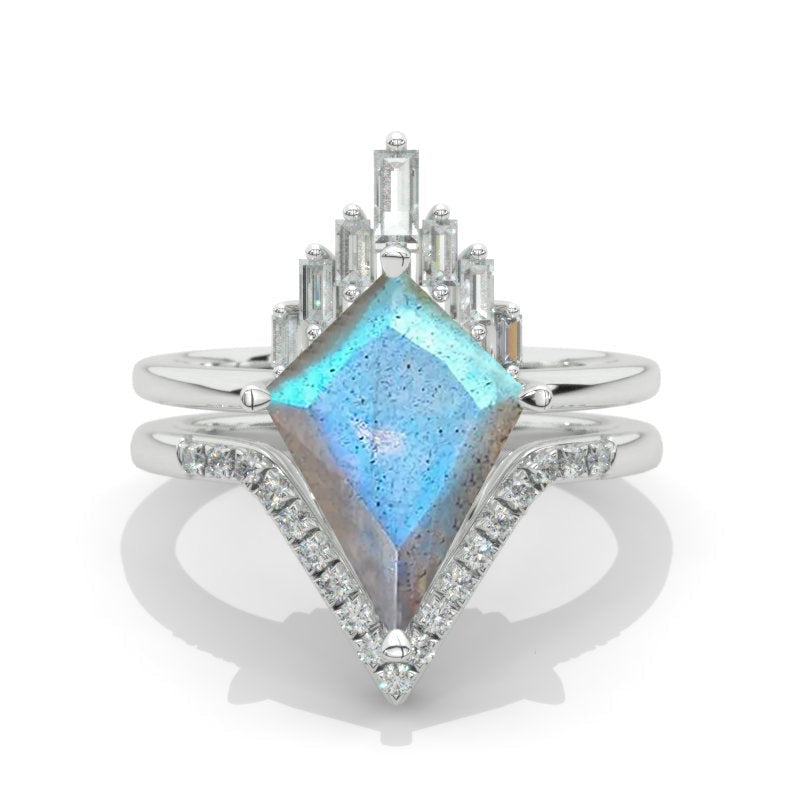 2.5 Carat Kite Labradorite Halo 14K White Gold Engagement Ring, Eternity Ring Set 2.5 Carat Kite Labradorite Halo 14K White Gold Engagement Ring, Eternity Ring Set