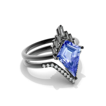 14K Black Gold 4 Carat Kite Natural Genuine Tanzanite Halo Engagement Ring, Eternity Ring Set