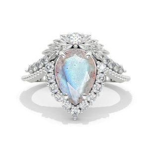 3 Carat Pear Labradorite Halo Floral Engagement Ring 14K White Gold Ring