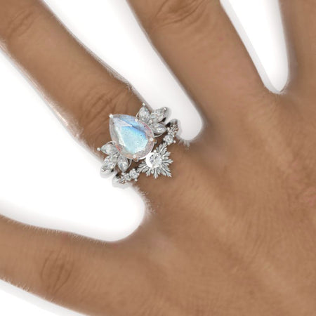 3 Carat Pear Natural Labradorite Halo Floral  Engagement Ring 14K White Gold Ring Set