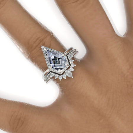 14K White Gold 3 Carat Kite Gray Moissanite Halo Engagement Ring, Rings Set