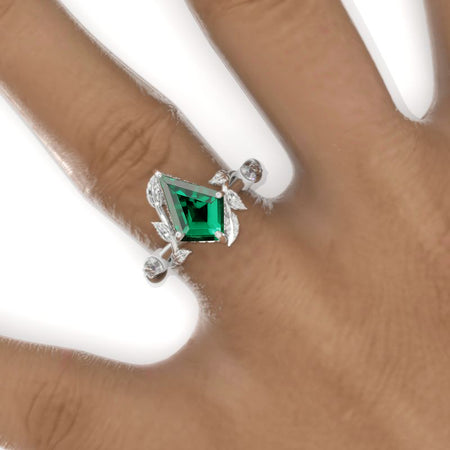 2.5 Carat Kite Emerald Twig Floral Leaf 14K White Gold Engagement Ring