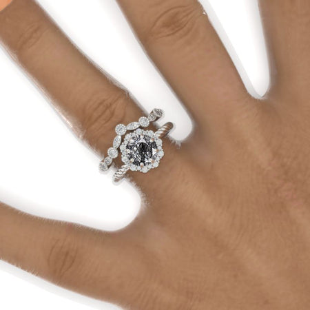 2 Carat Round Rutilated Quartz Halo 14k White Gold Engagement Ring Eternity Ring Set