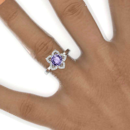1 Carat Round Purple Sapphire Floral Halo Engagement Ring