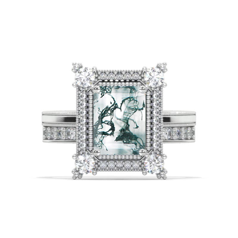 3 Carat Emerald Cut Halo Genuine Moss Agate White Gold Engagement Ring Set 3 Carat Emerald Cut Halo Genuine Moss Agate White Gold Engagement Ring Set