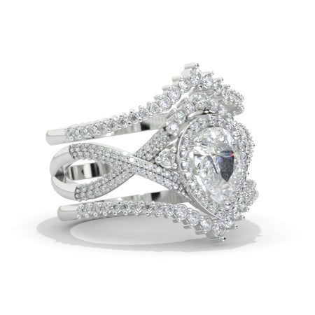 1.5 Carat Pear Moissanite Halo Twisted Engagement Ring Eternity Ring Set