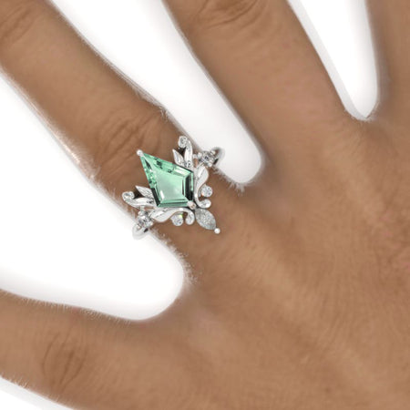 2.5 Carat Kite Mint Sapphire Floral Leaves 14K White Gold Engagement Ring