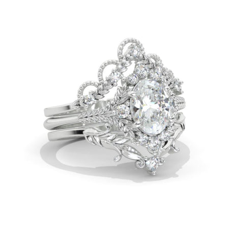1.5 Carat Oval LAB-Grown Diamond Cluster Floral Halo 14K White Gold Floral Engagement Ring Set Model 1139