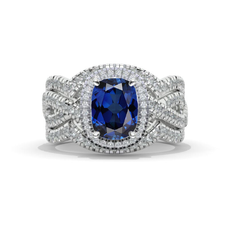 2.5 Carat Blue Sapphire Elongated Cushion Halo Engagement 14K White Gold Three Ring Eternity Ring Set 2.5 Carat Blue Sapphire Elongated Cushion Halo Engagement 14K White Gold Three Ring Eternity Ring Set